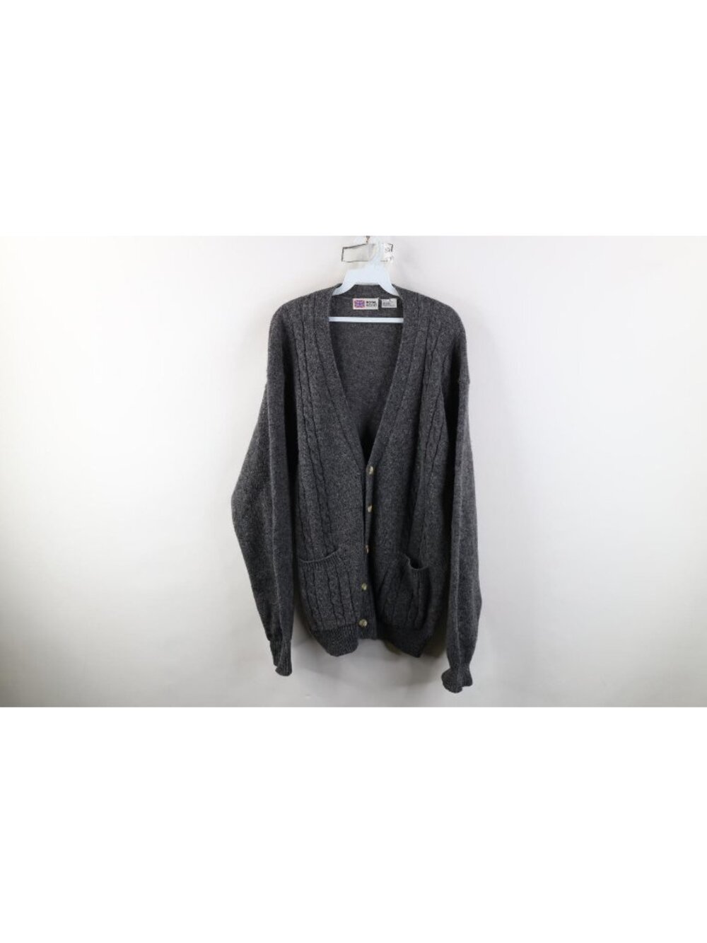 Vintage 90s Streetwear Mens Large Shetland Wool Cable Knit Cardigan Sweater Gray